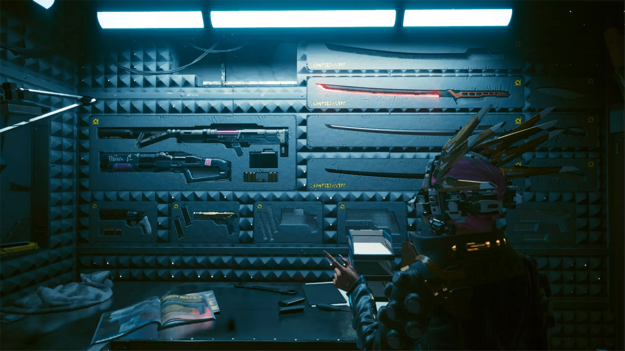 A completed stash weapons wall